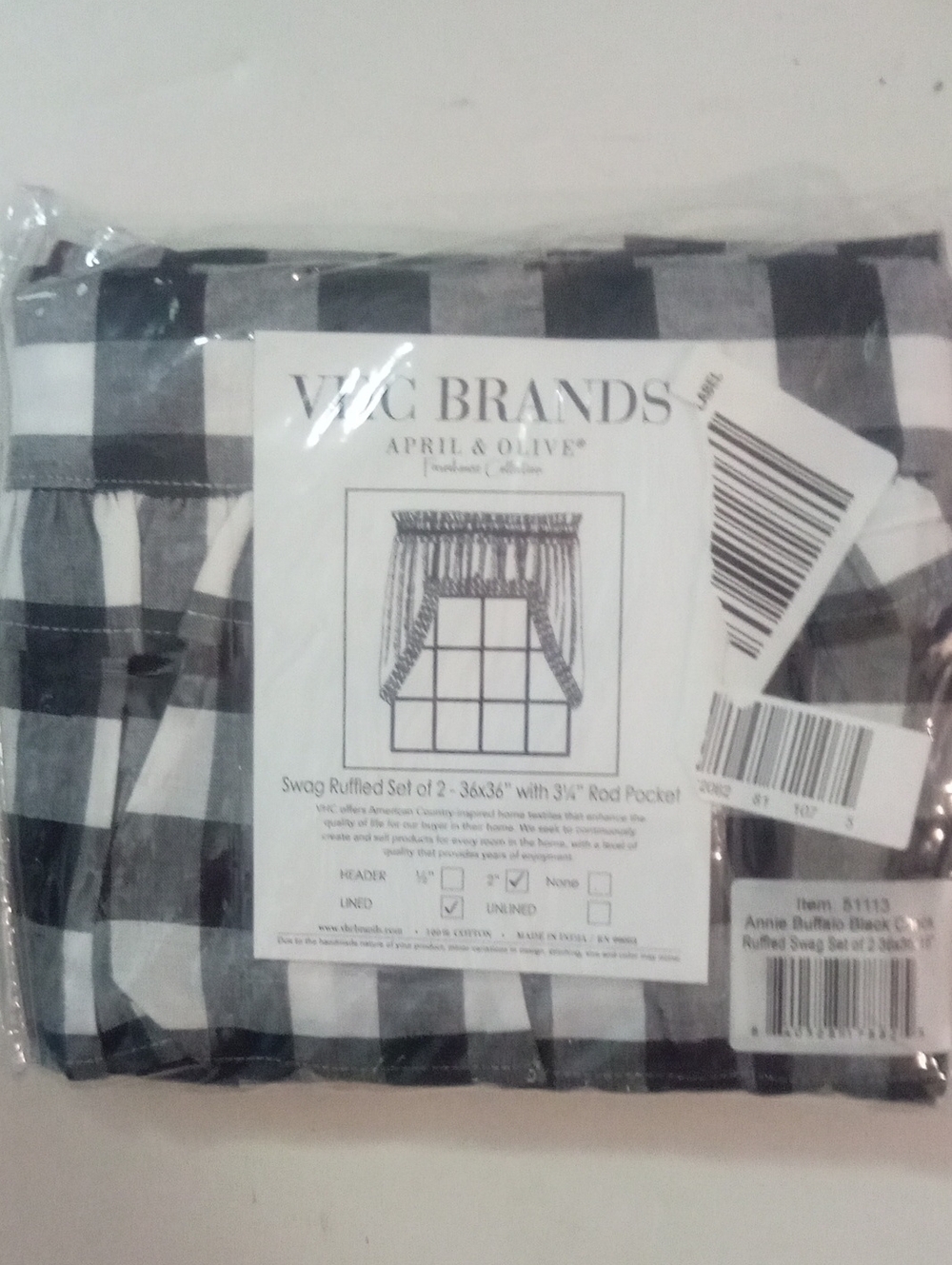 April & Olive Black Buffalo Check Ruffled Swag Set 2 Pieces Rod Pocket NWT $40